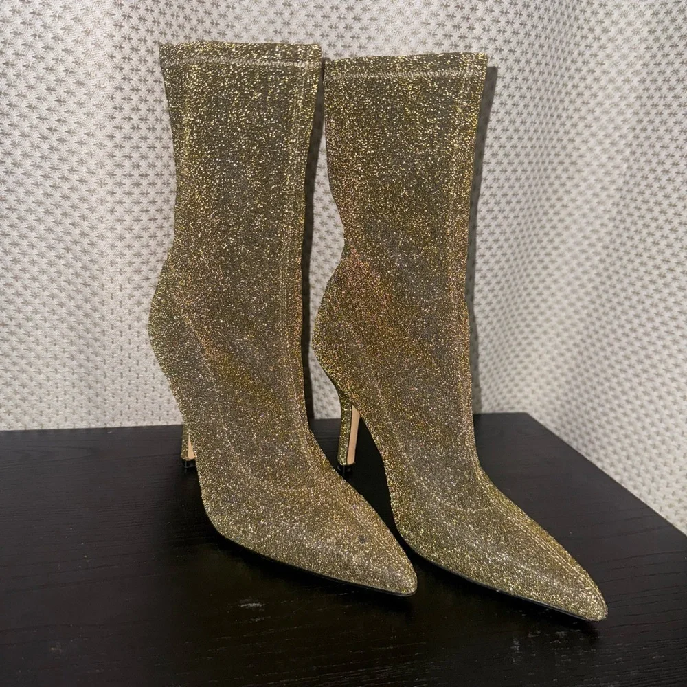 Marc Fisher LTD Breezy gold glitter stretch sock ankle boots - Picture 2 of 8